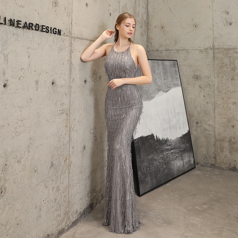 Vestido de noche elegante con borla de hilo de seda de poliéster y lentejuelas estilo cola de pez para banquetes, reuniones y eventos. Ideal para anfitriones. Modelo de coche. Otoño. view 25