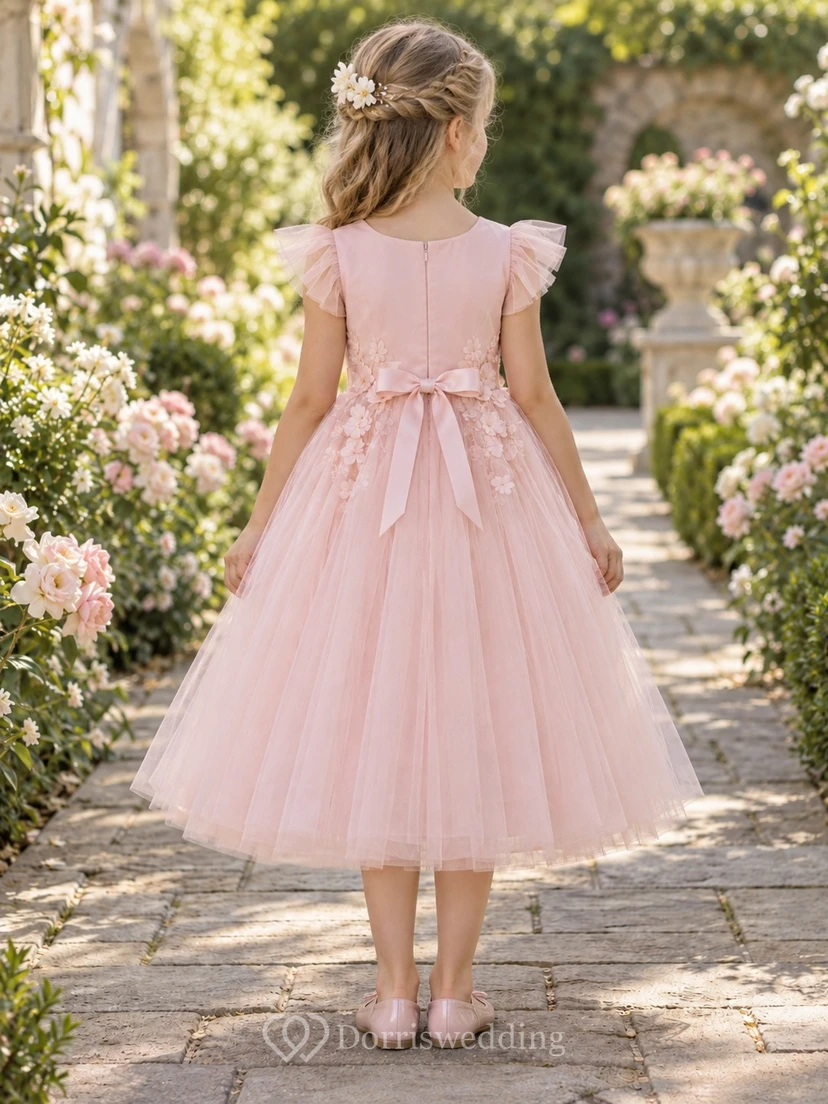 Blush Floral Flutter Sleeve Scoop Satin Tea-length A-Line Gathered Tulle Ribbon Bow Flowergirl Dress view 2