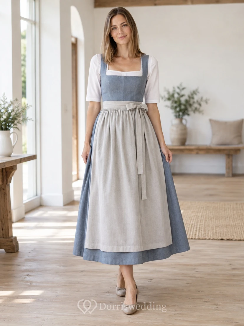 Robe Dirndl simple et modeste de style campagnard, bleu ardoise, col carré, tablier