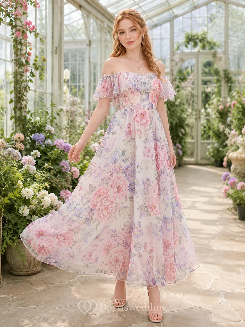 Pastel Floral Off Shoulder Chiffon Garden Maxi Dress