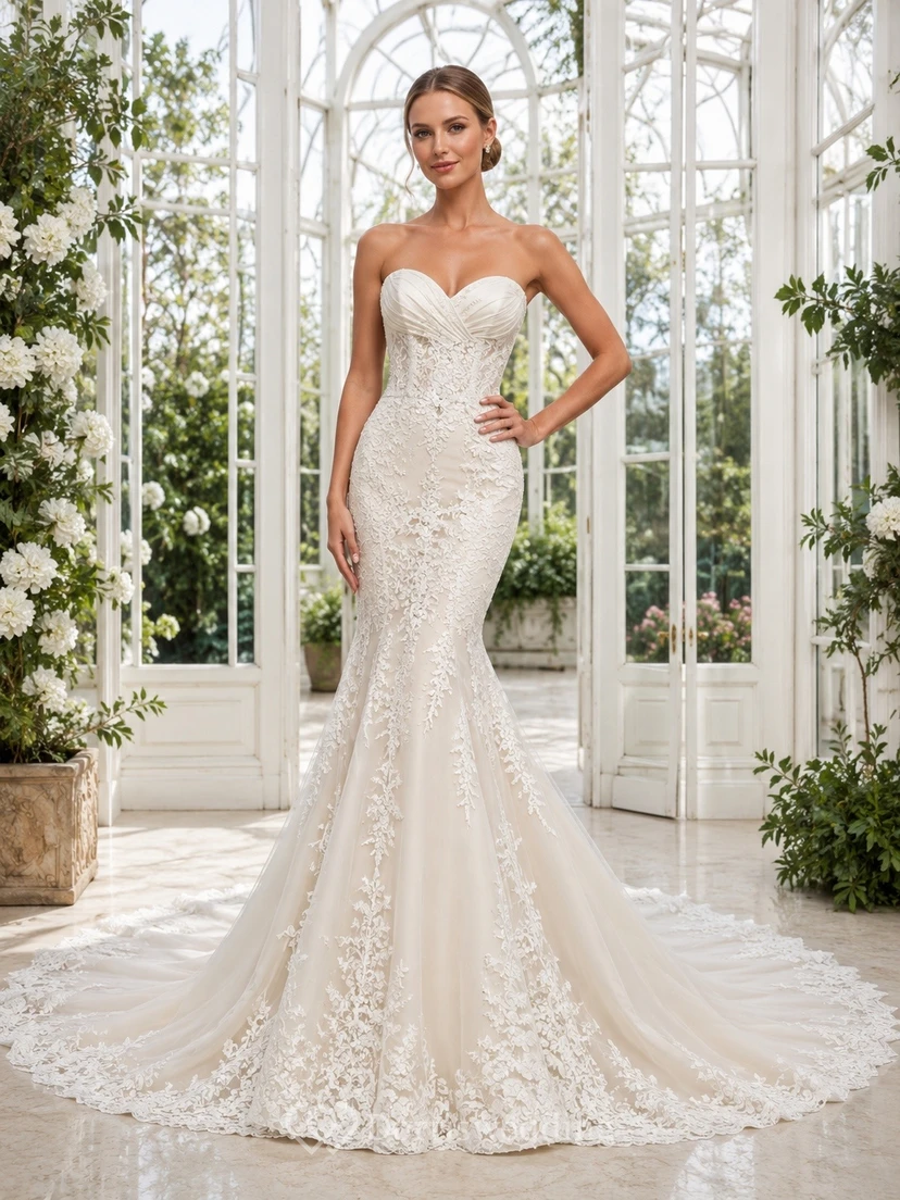 Luxury Strapless Sleeveless Chapel Train Lace Mermaid Bridal Dress