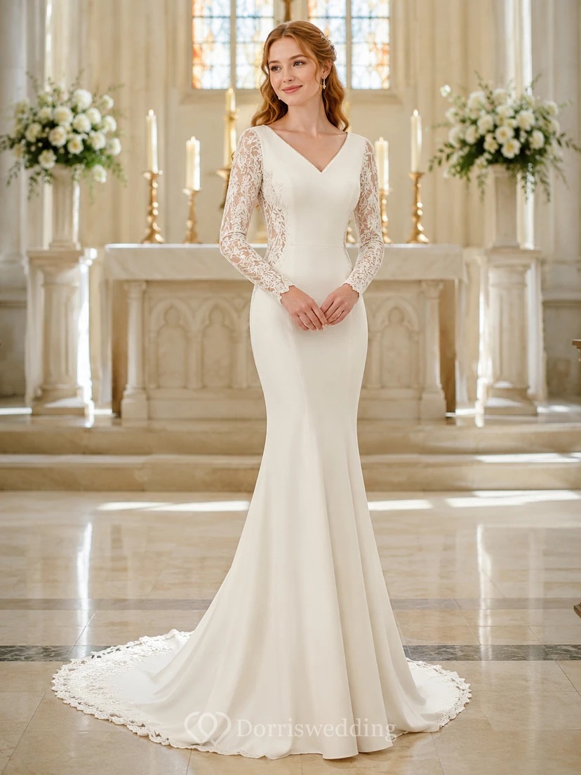 Vestido de novia de estilo sirena con escote en V y mangas de encaje, estilo modesto, para iglesia.