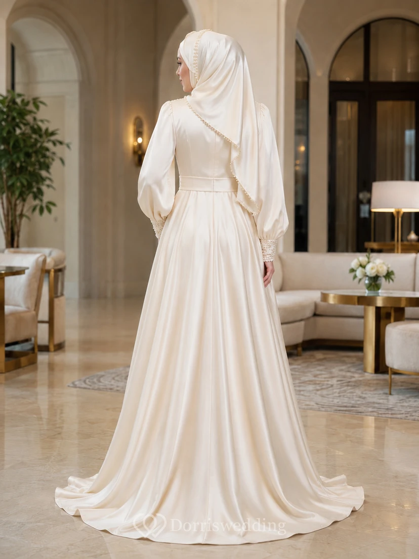 Modest Muslim Lace Bodice Satin A-Line Bridal Dress With Sweep Train view 2