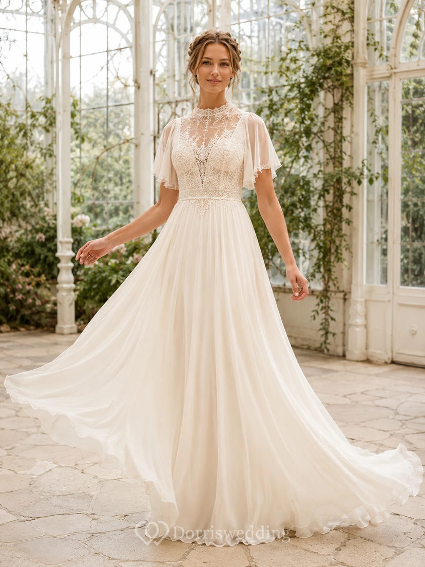 Robe de mariée élégante en mousseline et dentelle transparente, col montant, manches papillon, coupe trapèze, traîne, dos illusion