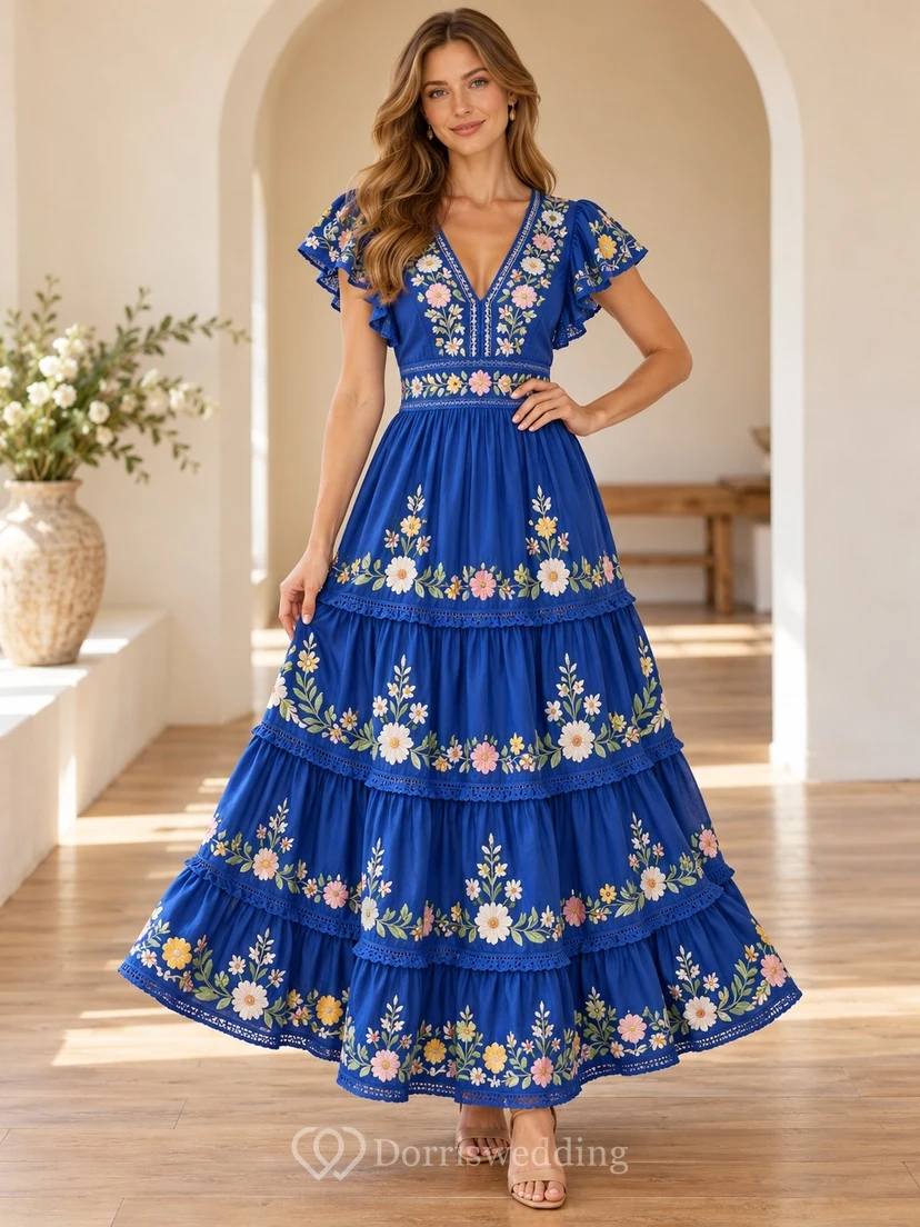 Cumbia Royal Blue V Neck Daisy Embroidered Tiered Folk Dress