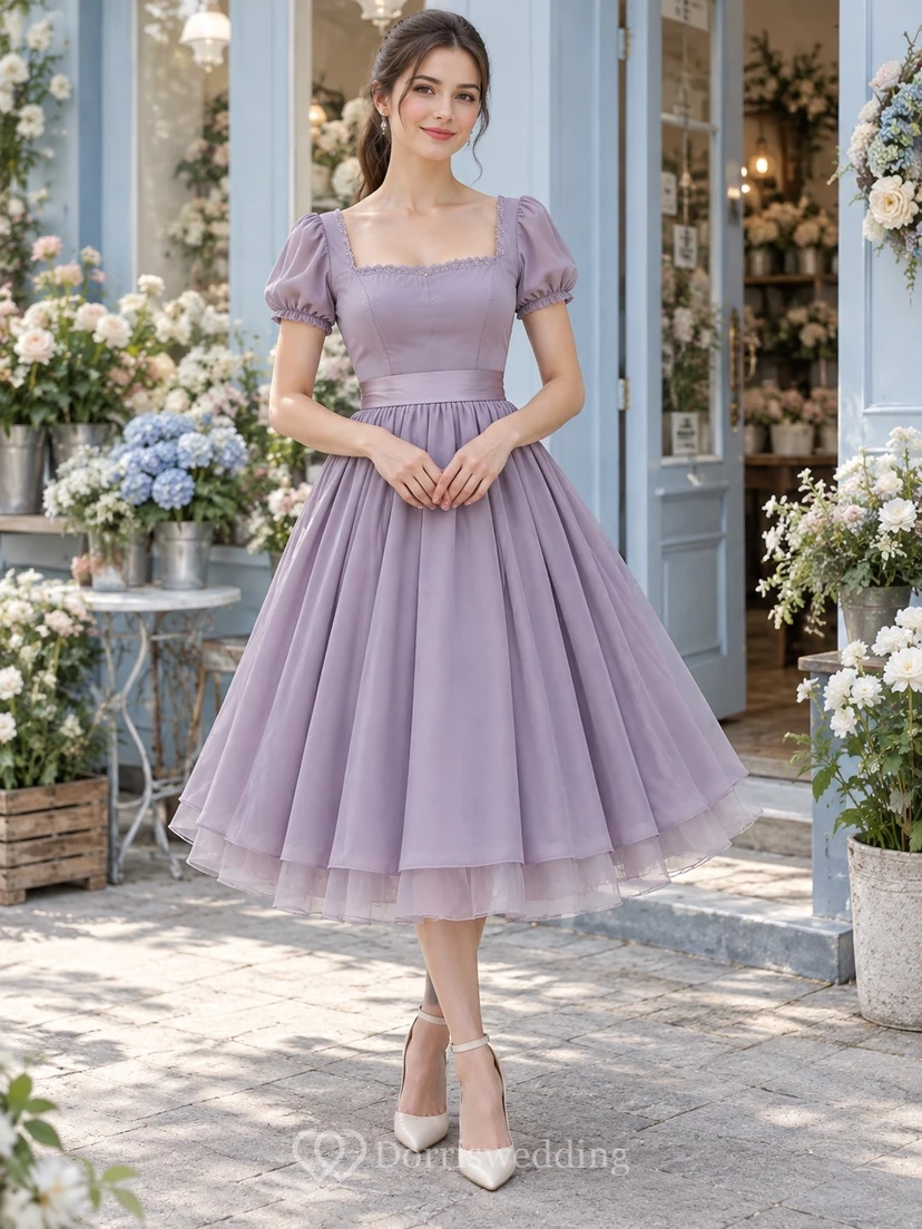 Teelanges Rockabilly-Brautjungfernkleid aus Lavendel mit eckigem Ausschnitt, Puffärmeln und Spitze