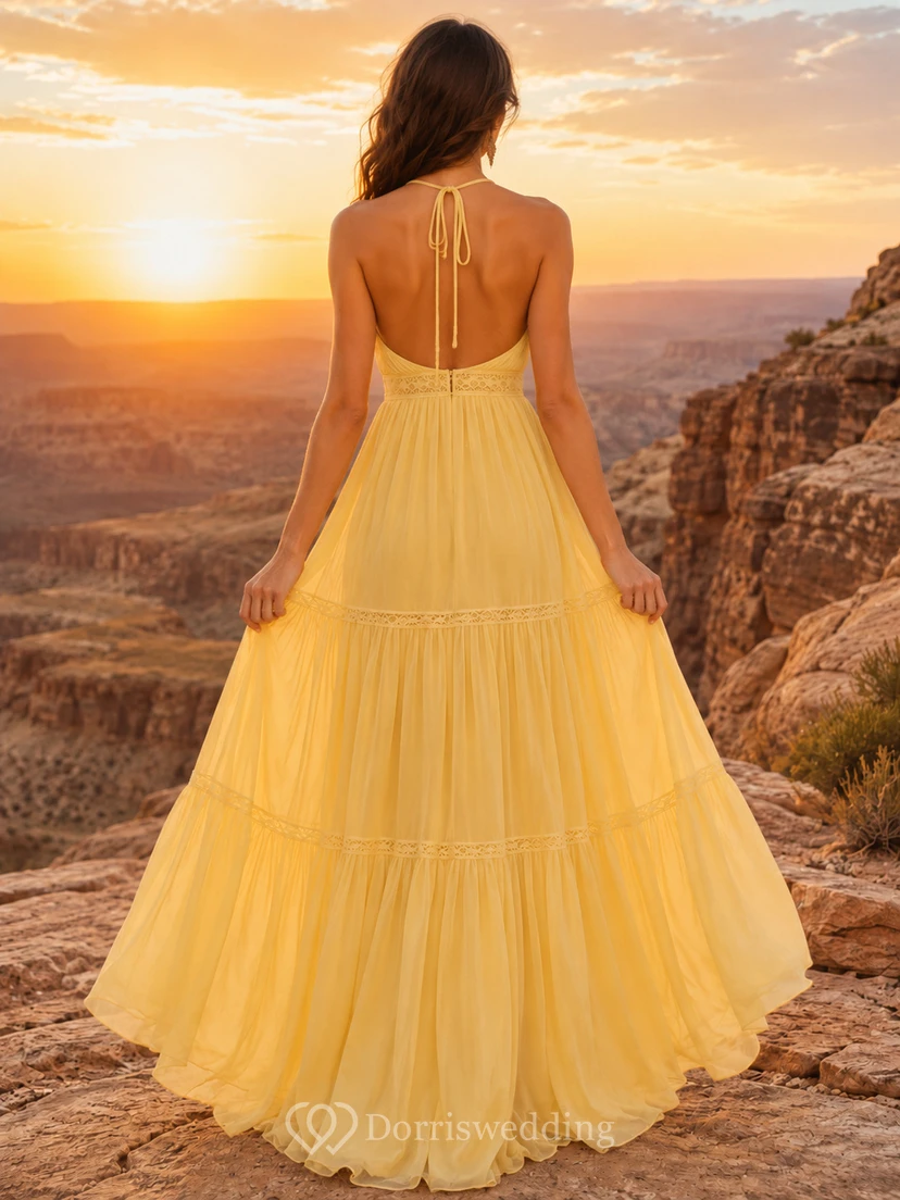 Yellow Halter Tiered Chiffon Desert Elopement Bridal Gown view 2