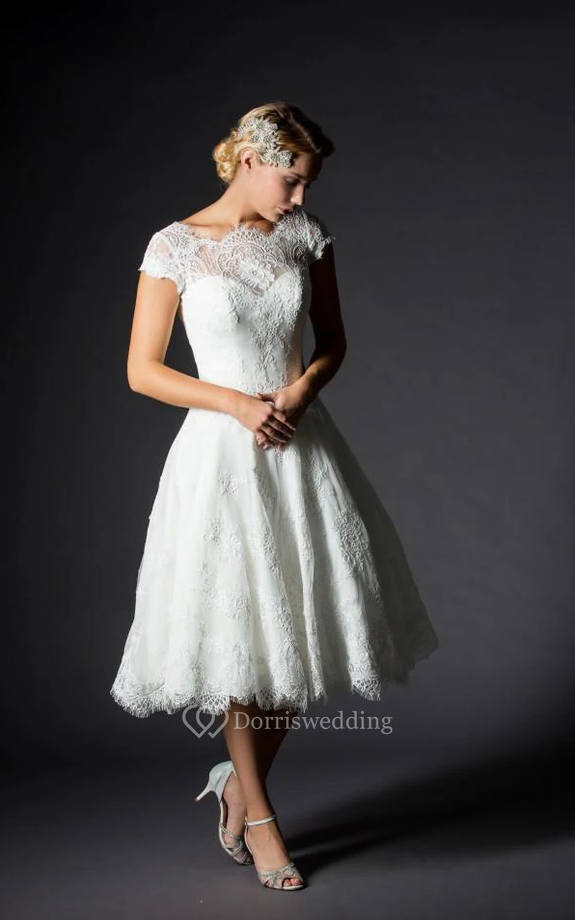 A-Line Mini Jewel V-Neck Bell Cap Appliques Zipper Lace-Up Back Lace Dress view 4