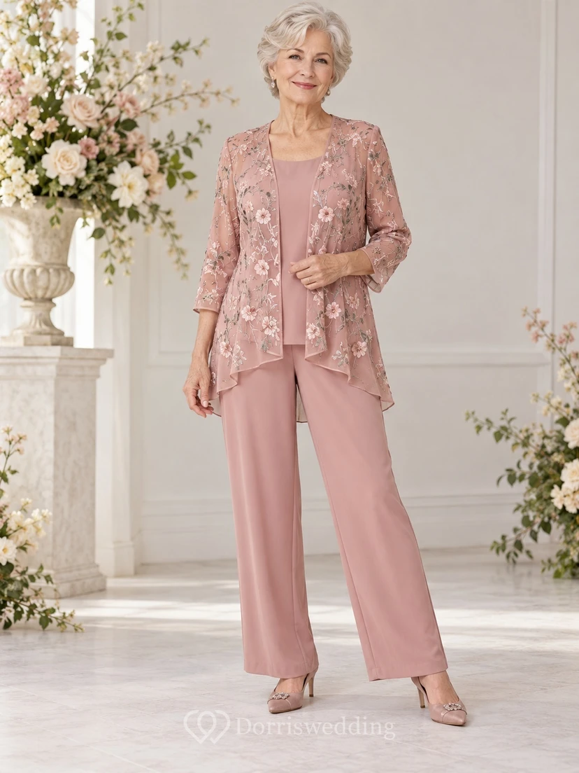 Modest Dusty Rose Floral Lace Jacket Wide Leg Mother Pantsuit