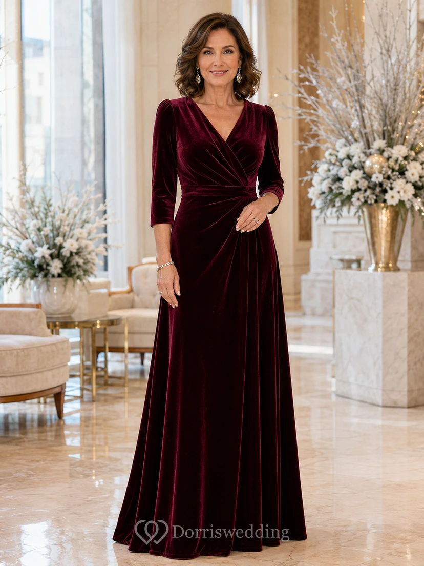 Burgundy Velvet Floor-Length A-Line Elegant Mother of the Bride Winter Gown with V-Neck Three-Quarter Sleeves and Ruching