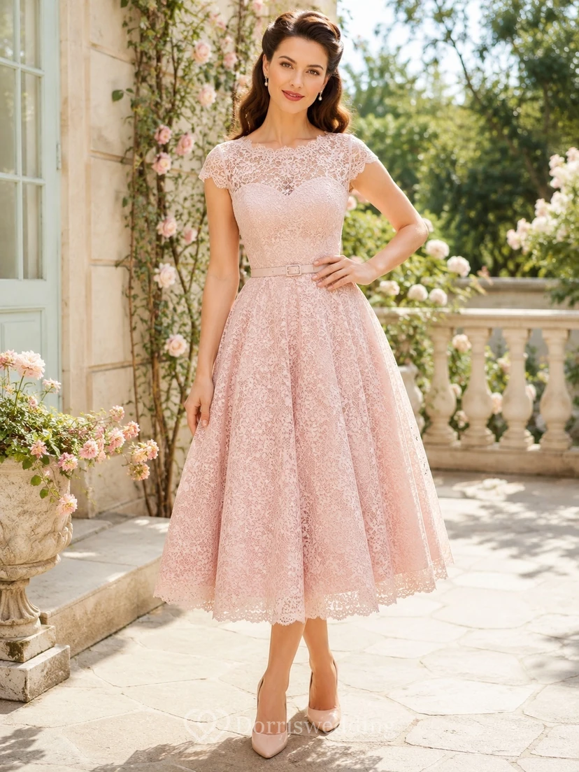 Vestido de cóctel romántico de los años 50, estilo años 50, con mangas cortas de encaje color rosa empolvado, escote barco y largo hasta la rodilla.