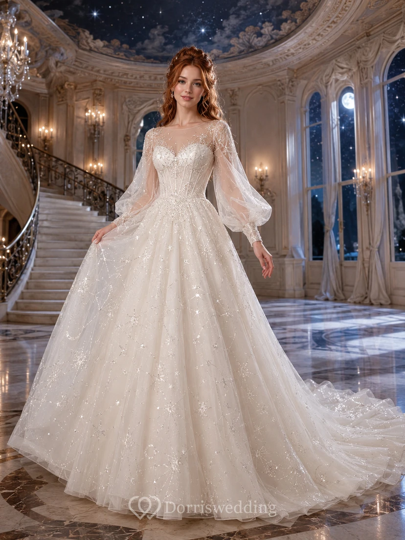Puff Sleeve Celestial Tulle Ball Gown Bridal Dress