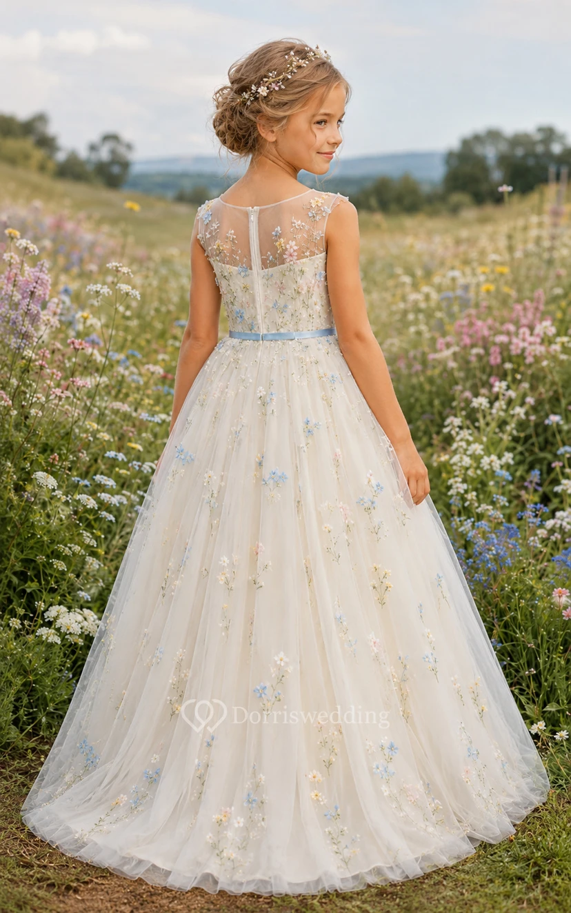 A-Line Blue Floral Embroidered Tulle Flower Girl Dress view 2