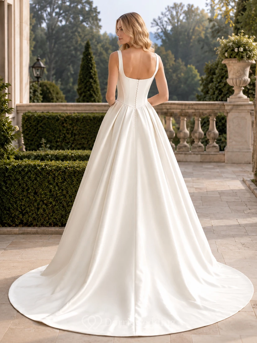 Robe de mariée minimaliste en satin, robe de bal, col carré, sans manches, traîne. view 2