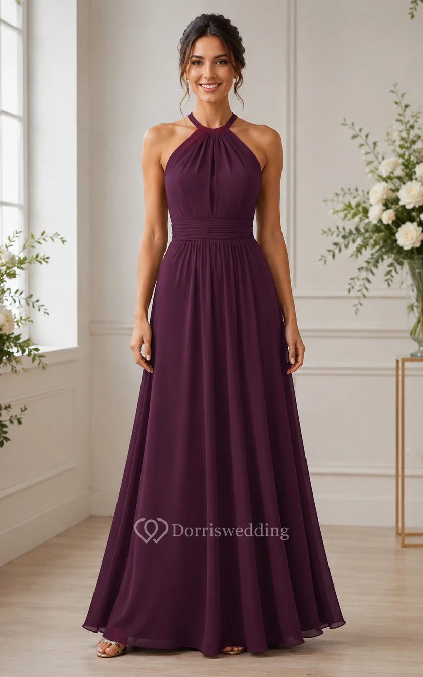 Plum Halter A-Line Chiffon Bridesmaid Dress