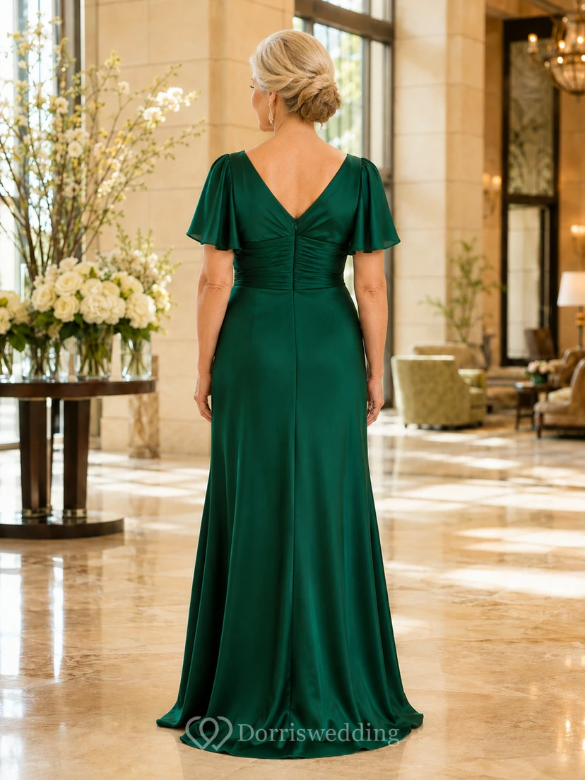 Emerald V neck flutter sleeve satin A line mother gown view 2