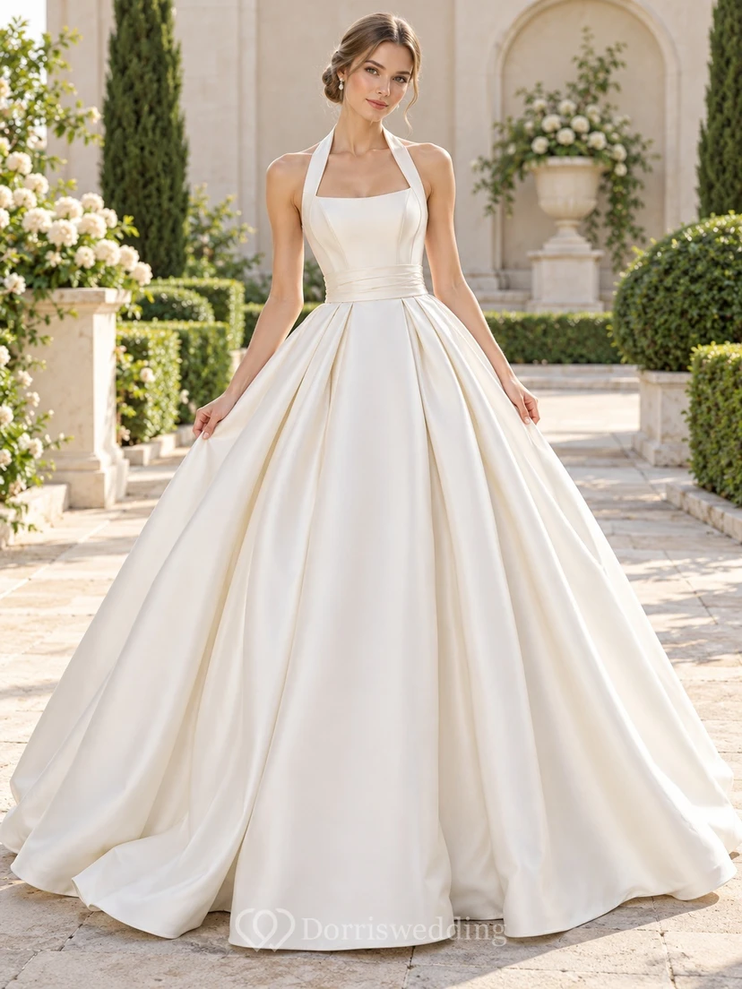 Einfaches Neckholder-Ballkleid aus Satin mit eckigem Ausschnitt und Falten