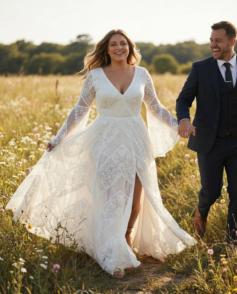 Weißes Boho-Maxi-Brautkleid aus Spitze mit langen Glockenärmeln und hohem Schlitz view 5