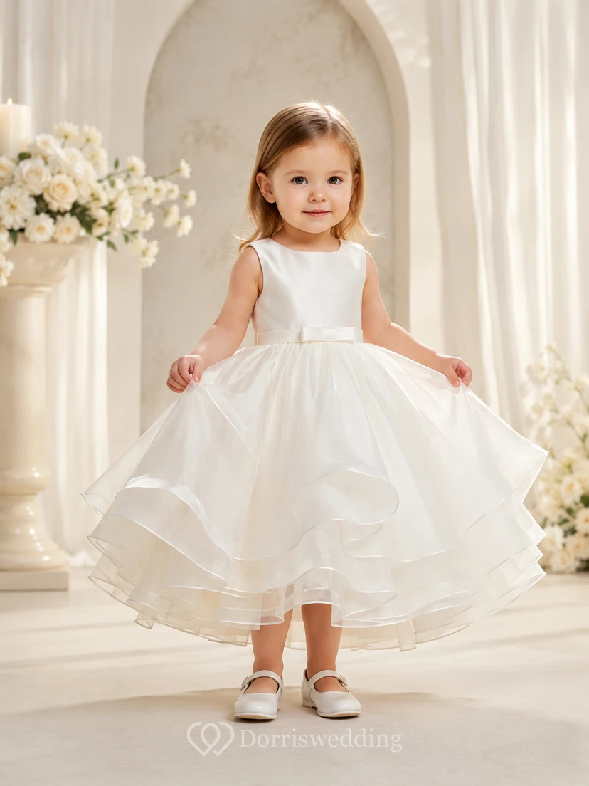 Robe de baptême simple, bustier en satin, jupe en organza, coupe trapèze, sans manches.