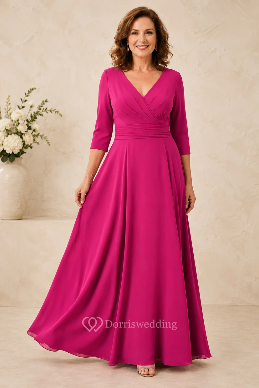 Fuchsiafarbenes A-Linien-Kleid mit V-Ausschnitt und 3/4-Ärmeln
