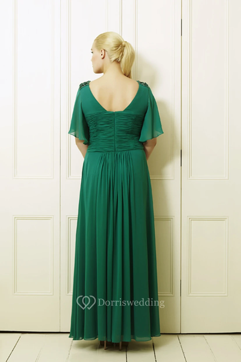 Maxi V-Neck Sleeveless Ruched Chiffon Plus Size Prom Dress With Broach view 4