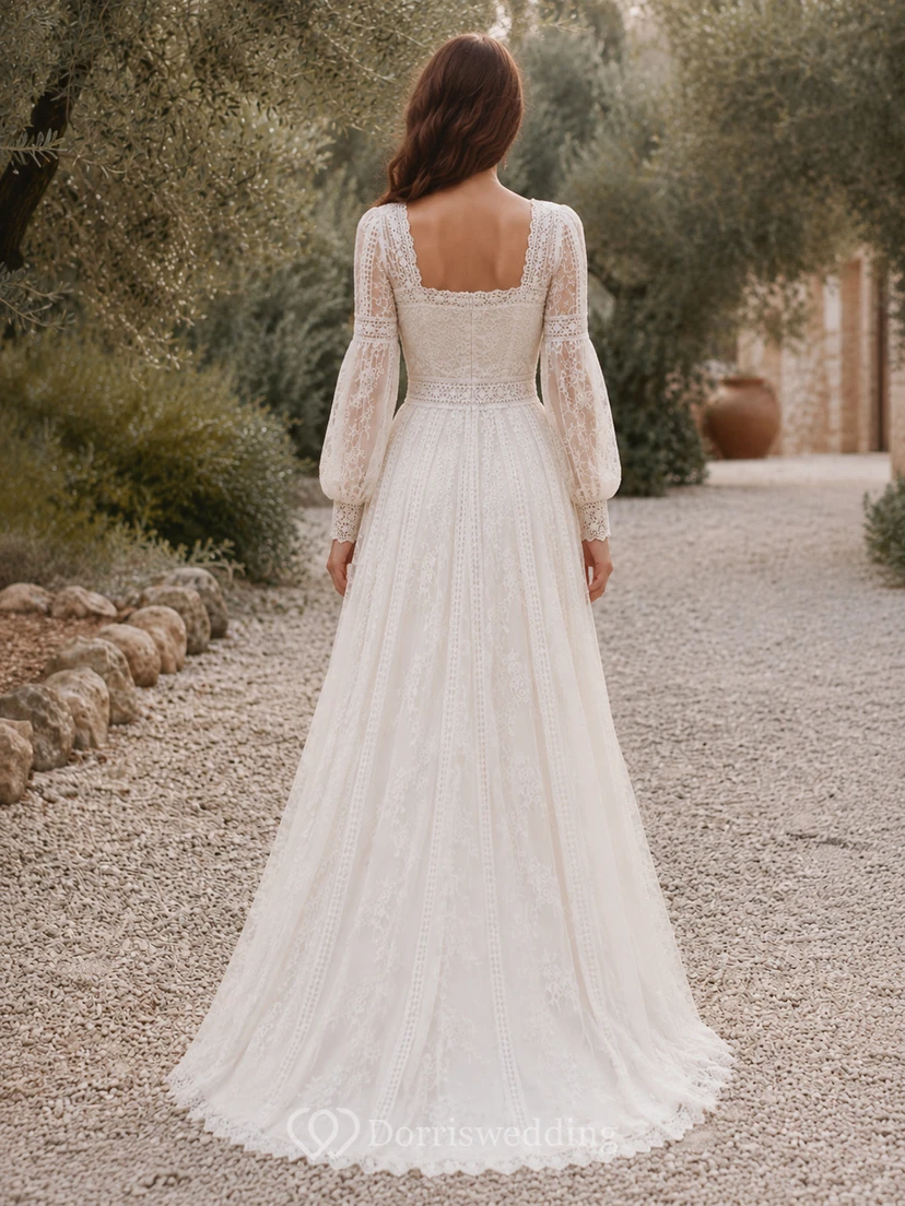 Boho Square Neck Long Poet Sleeve Lace A-Line Floor-Length Wedding Dress view 2