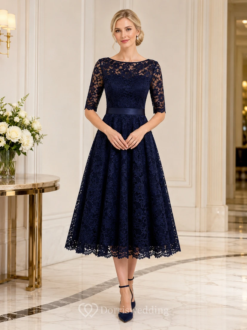 Vestido de cóctel formal de largo midi con escote barco, manga corta y corte en A, color azul marino oscuro con encaje floral y encaje.
