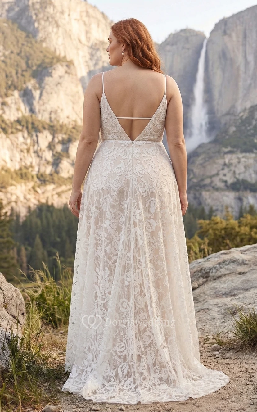 Plus Size Lace Spaghetti Strap Wedding Dress with V-Neck and Flowing Skirt view 2
