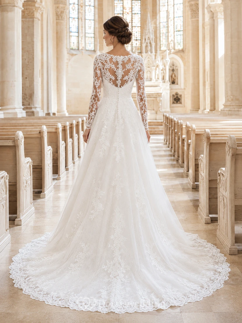 Elegante vestido de novia de corte A con encaje y mangas largas view 2