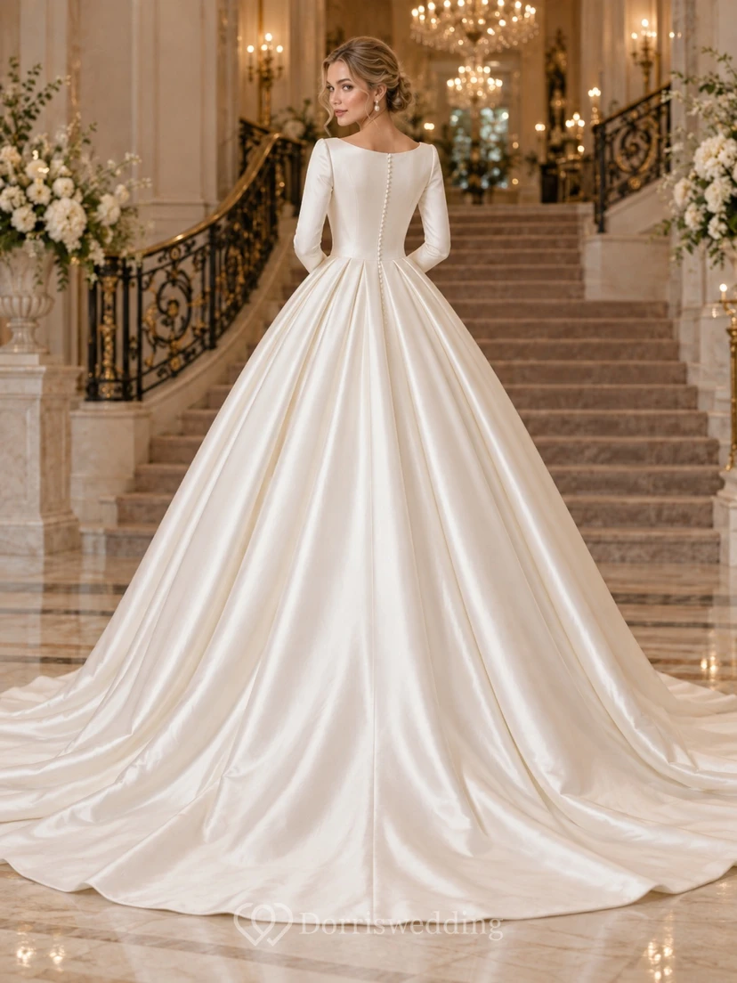 Modest Simple Long Sleeve Bateau Satin Ball Gown Wedding Dress view 2