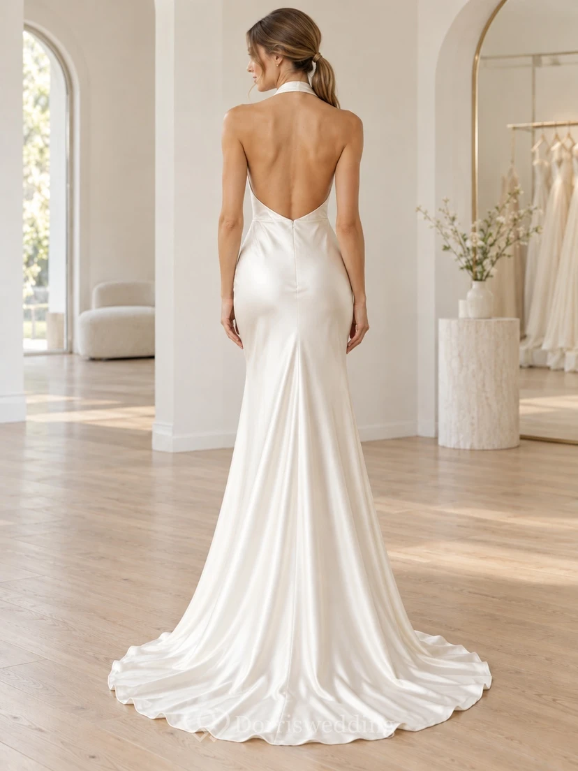 Simple Halter Cowl Satin Backless Sheath Sweep Train Wedding Dress view 2