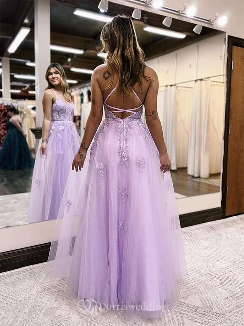 Spaghetti-lila A-Linien-Abendkleid aus Tüll mit Schlitz vorne und Spitzenapplikationen view 2