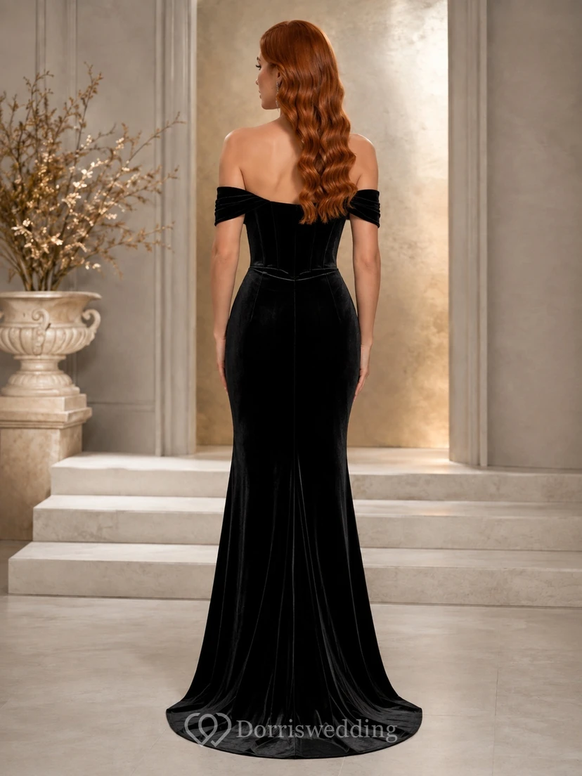 Sexy Black Off-Shoulder Velvet Mermaid Floor-Length Split Prom Gown view 2