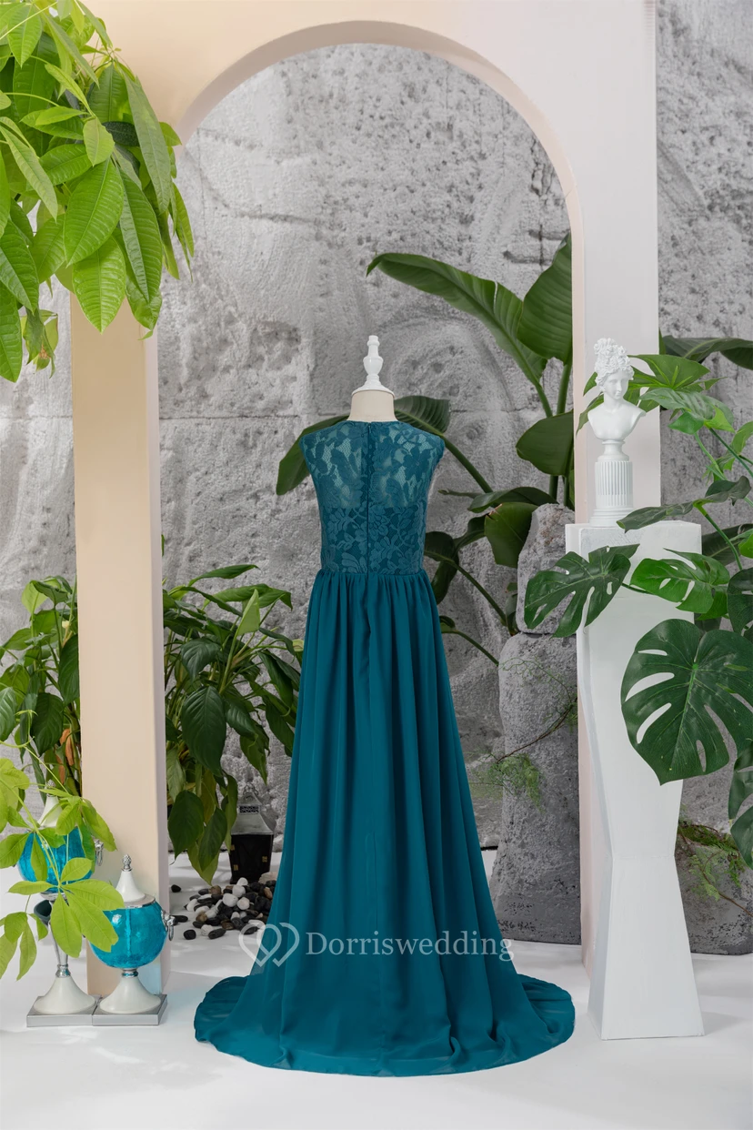 Scoop-neck Sleeveless Floor-length Ink Navy Flowergirl Dress with Lace Top view 2