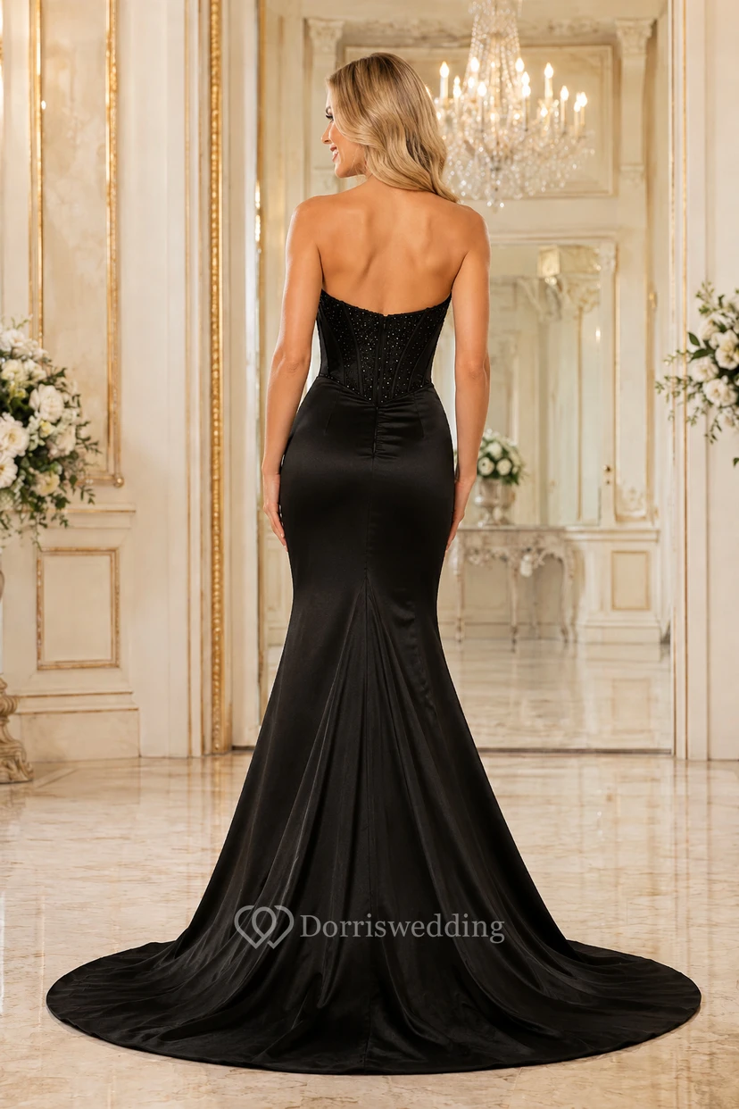 Black Strapless Satin Mermaid Dress with Beaded Sweetheart Corset for Prom Evening and Formal Reception Events view 2