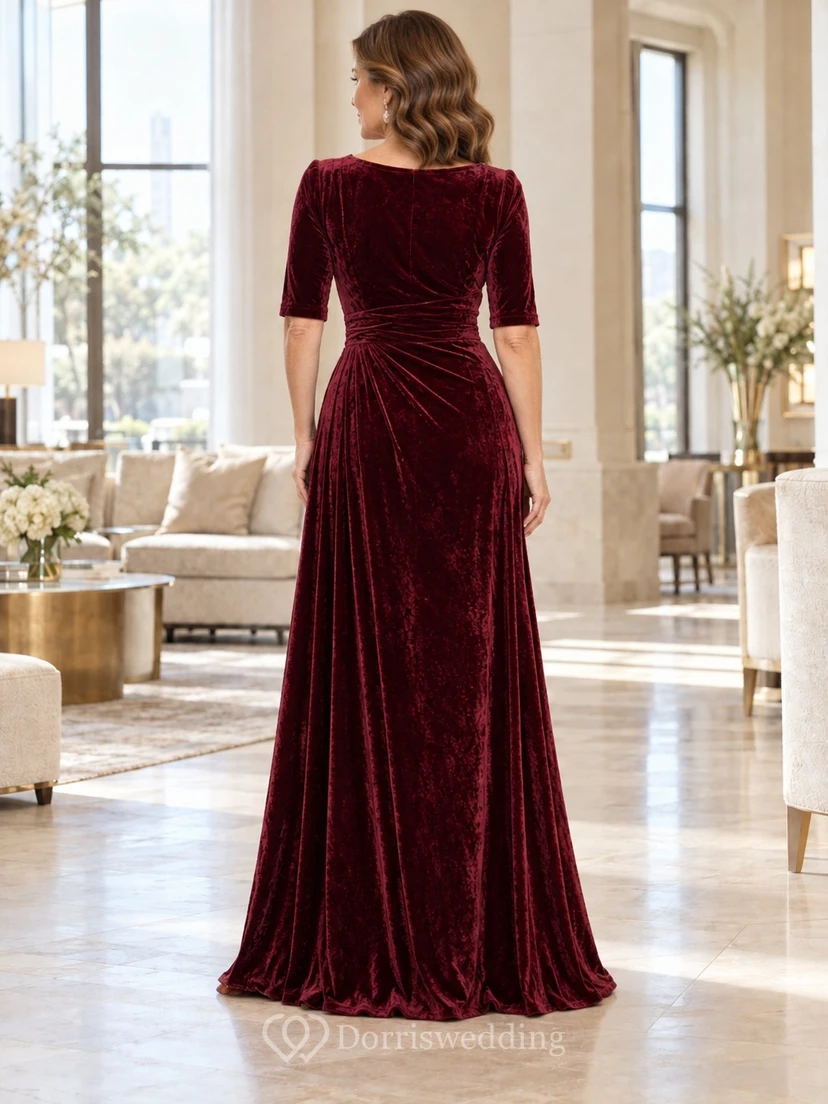Burgundy Formal V-neck Half-Sleeve Ruched Velvet Floor-Length Split-Front A-Line Evening Gown view 2