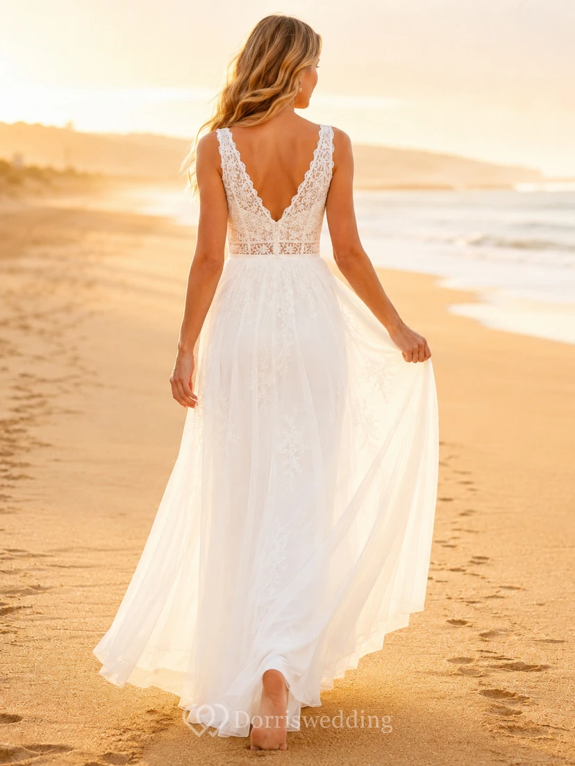 Beach V-Neck Lace Bodice Chiffon A-Line Wedding Dress view 2
