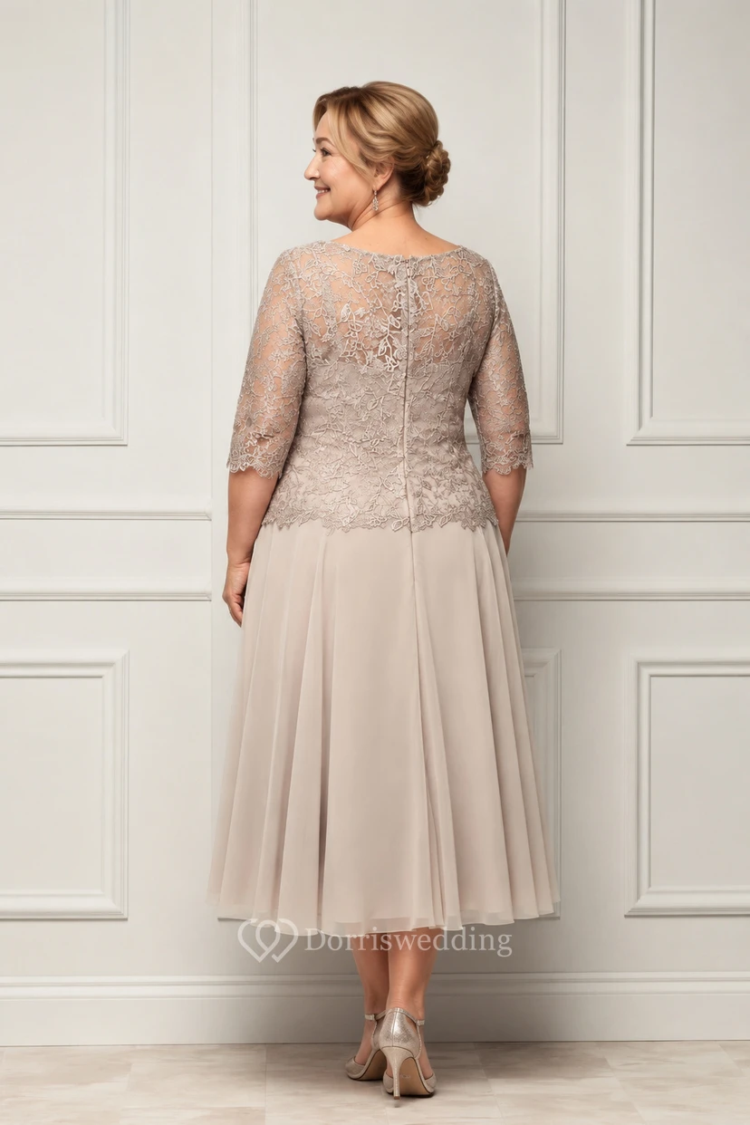 Scoop-neck Champagne Short Tea-length Lace Half-sleeve Mother of Bride Dress