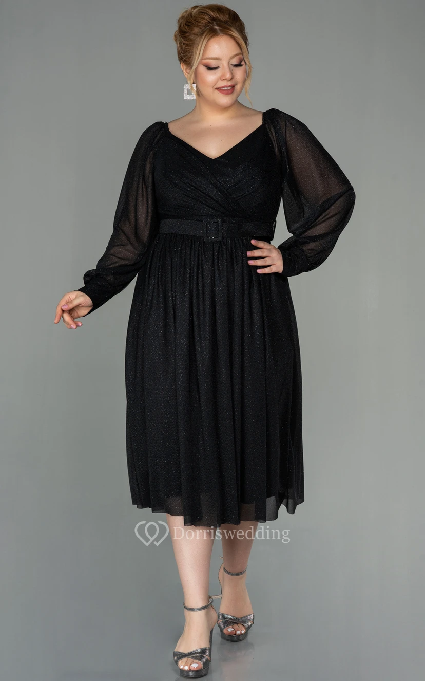 Vestido casual de manga larga, escote en V, corte imperio cruzado, largo hasta la rodilla, talla grande, para la madre de la novia