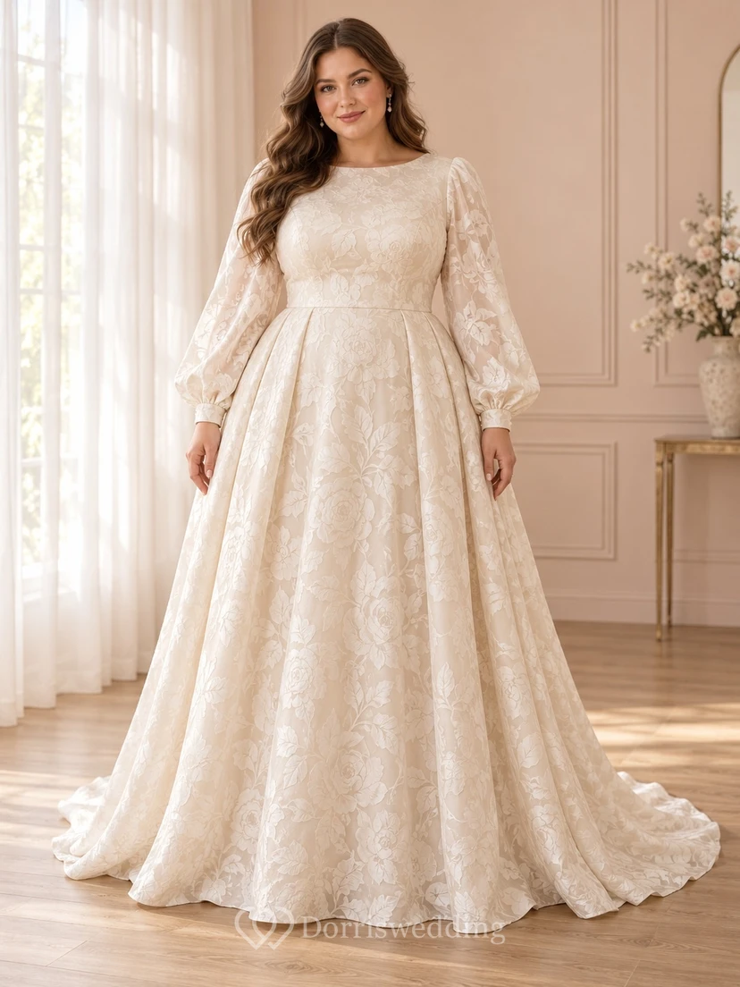 Vestido de novia de corte A con escote barco y estampado floral jacquard, de manga larga y modesta cola.