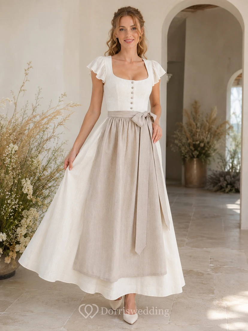 Romantic Linen Bridal Dirndl Square Neck Petal Sleeve Apron Ankle Wedding Dress