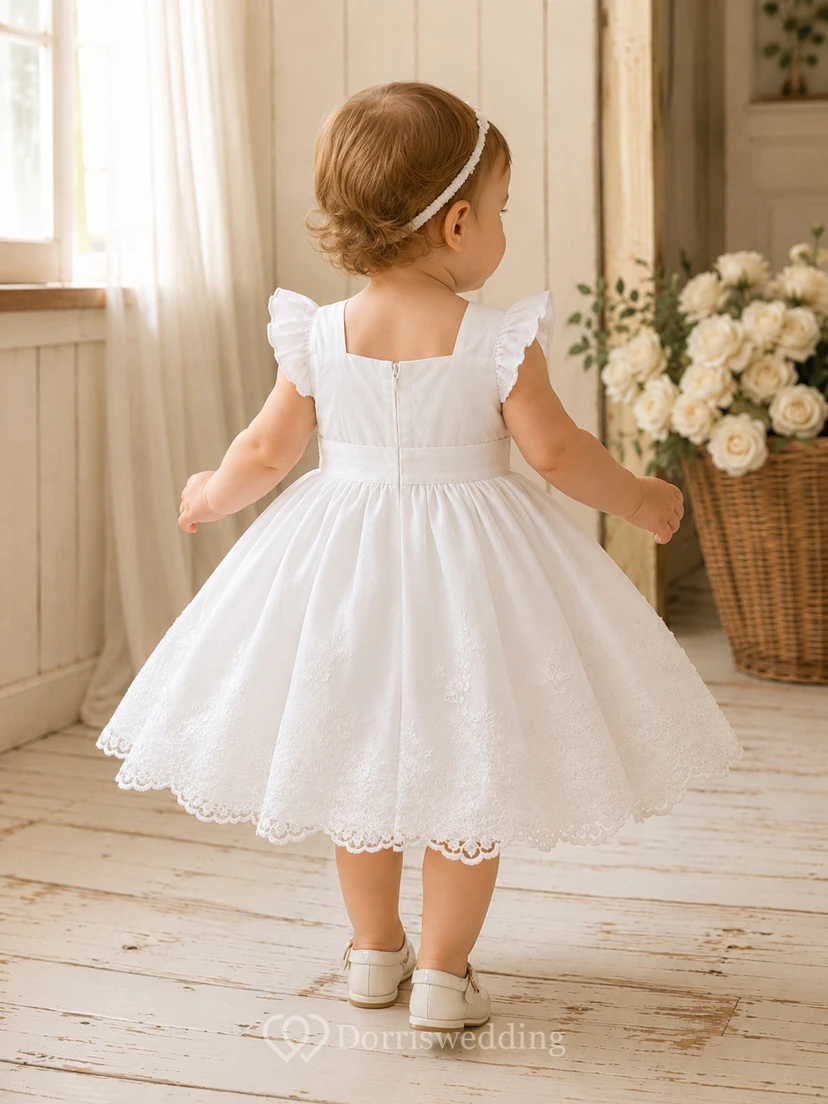 Square Neck Baptism Dress A-Line Tulle Lace Short Sleeve Scalloped Hem view 2