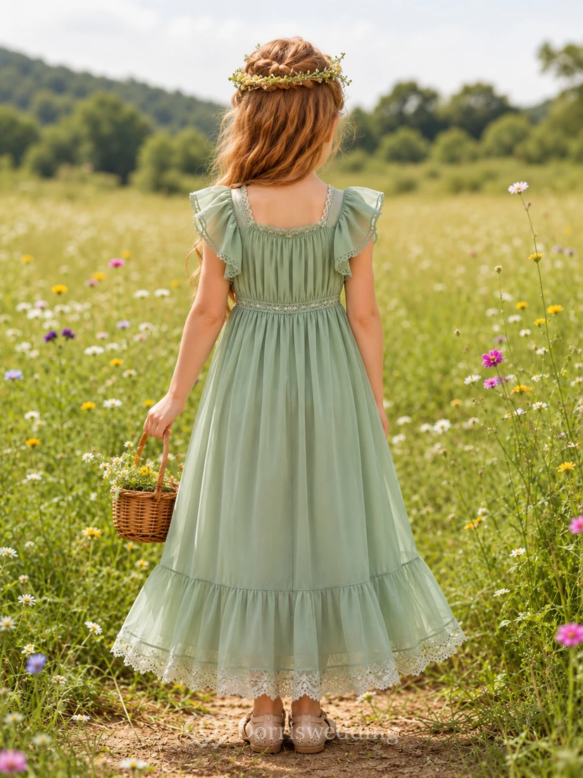 Blumenmädchenkleid aus salbeifarbenem Tüll in A-Linie mit Rundhalsausschnitt und knielanger Silhouette, verziert mit einer Schärpe view 2