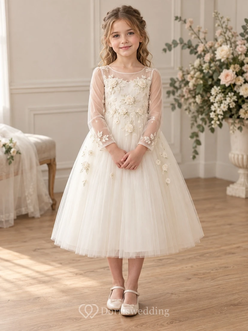 Modest Long Sleeve Tea-length Ivory Floral Applique Illusion Tulle Flower Girl Dress