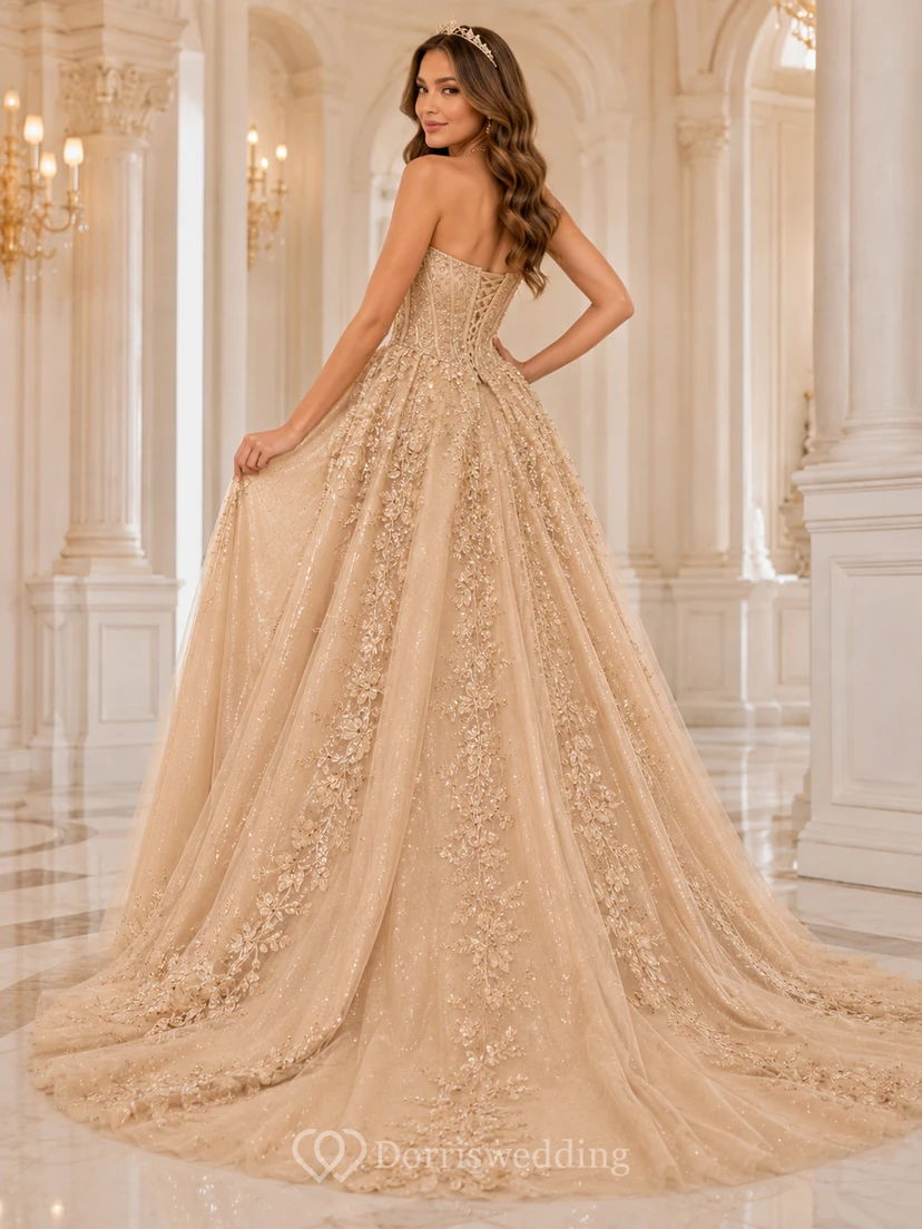 Champagne Strapless Sweetheart Glitter Beaded Tulle Ball Gown High Low Quinceanera Dress view 2