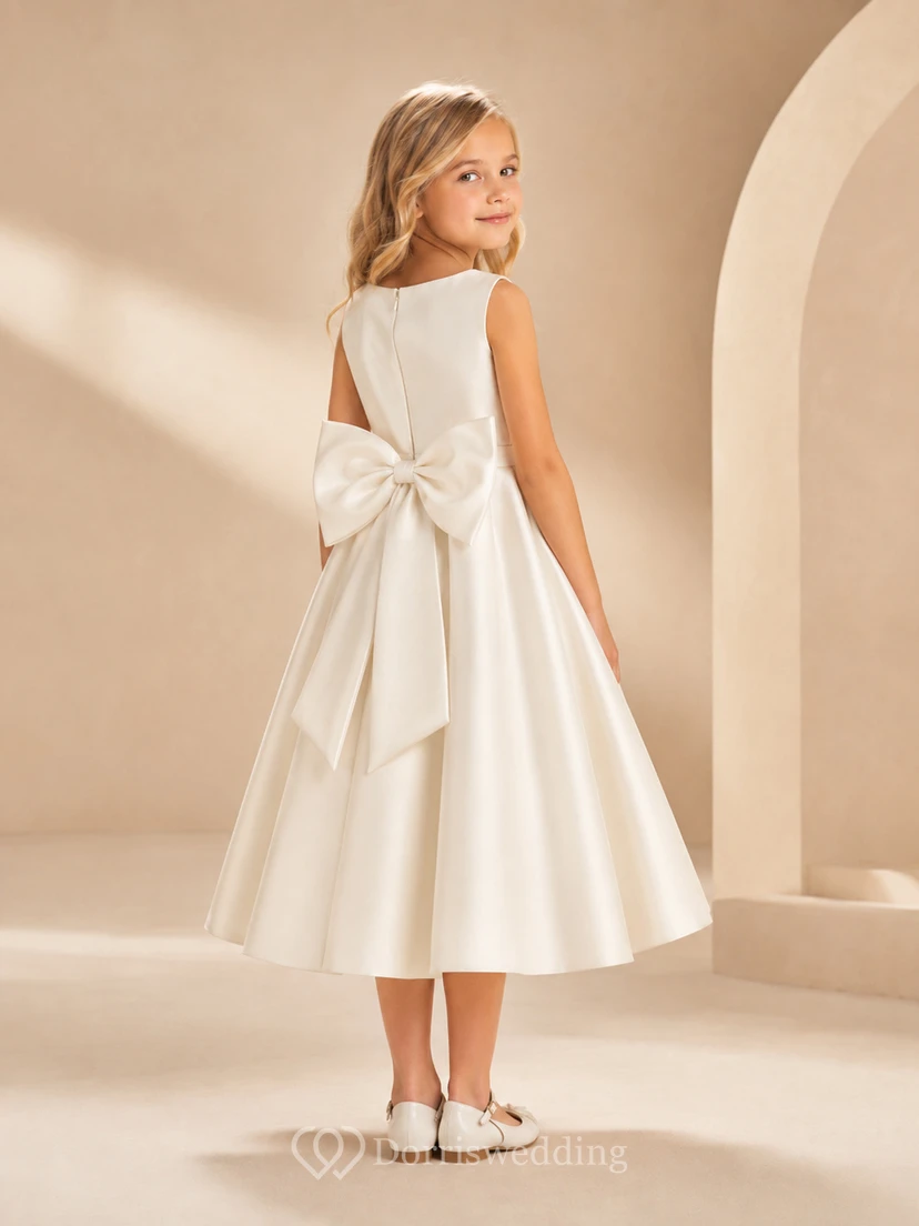 Modernes Blumenmädchen-Partykleid in A-Linie aus Satin mit eckigem Ausschnitt, ärmellos, teelang, mit Schleife view 2
