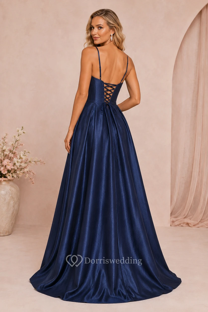 Dark Navy Spaghetti Strap Satin A-Line Prom Dress with Lace-Up Back view 2