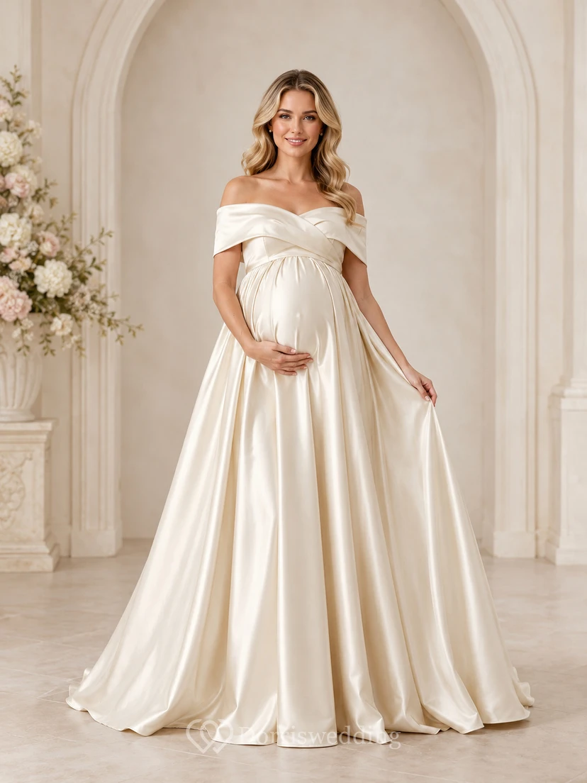 Ivory Maternity Ball Gown Floor-Length Off-Shoulder Short-Sleeve Satin Romantic Dress