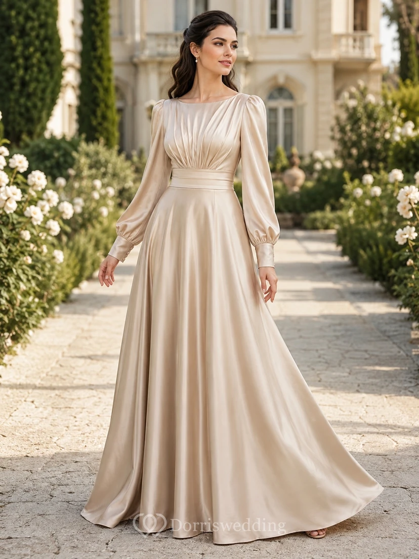 Champagne Modest High Neck Long Sleeve Satin A-Line Evening Dress
