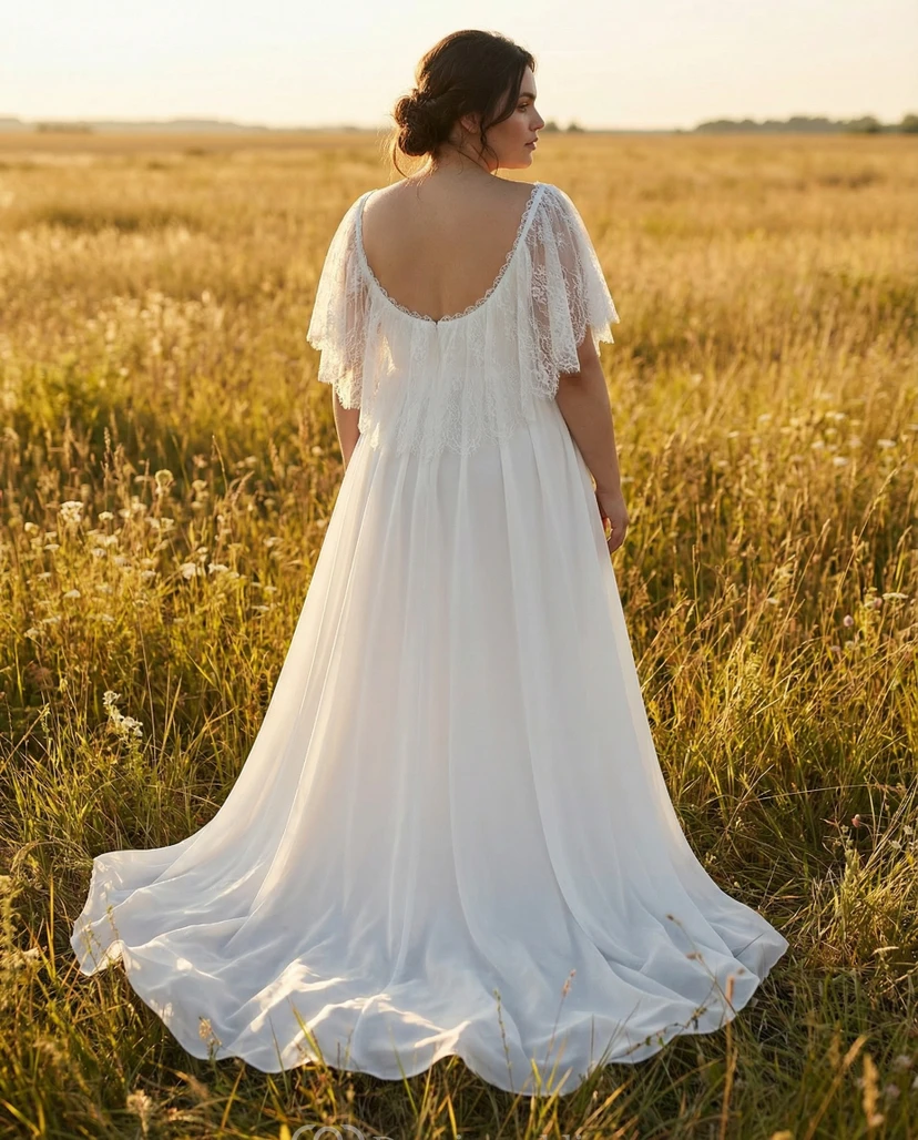 Vestido de novia de talla grande con corte imperio, mangas de encaje con volantes y falda de gasa. view 2
